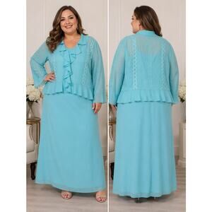 Dana Kay size 24 aqua turquoise blue two piece dress ruffle long sleeve wedding